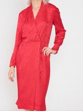 Vtg 90's Liz Claiborne Red Silk Long-Sleeve Faux Wrap-Style Dress Size 12
